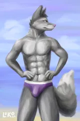 Gray fox Vova Lisik standing on the beach in speedo