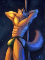 Dexter leaning against a pole wearing a jock-strap showing off his big bulge