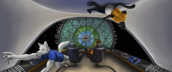 A crew of 3 furries leasurely pilot a space-ship to a city sized space-station